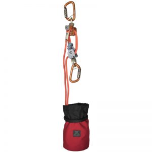 A red carabiner with a bag attached to it.