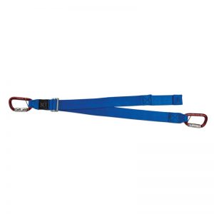 A blue carabiner on a white background.