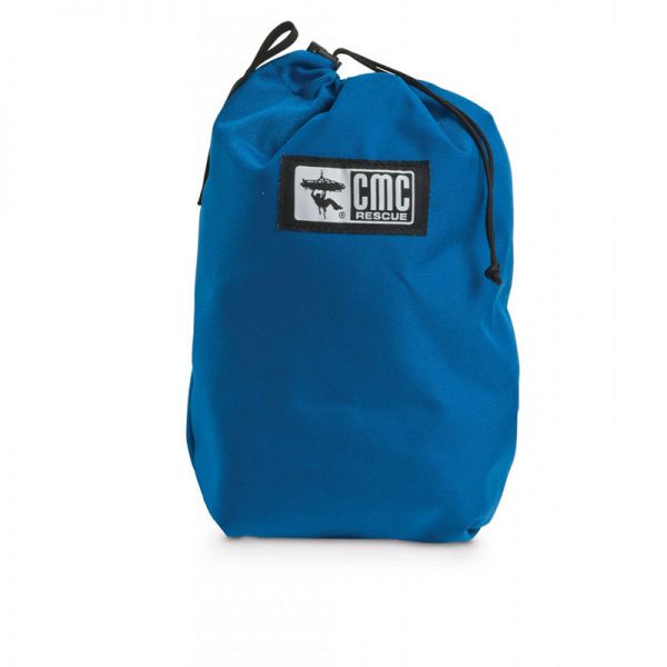 A blue bag with a black logo on it.