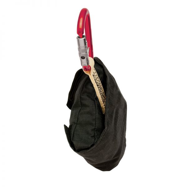 A black bag with a red hook attached to it.