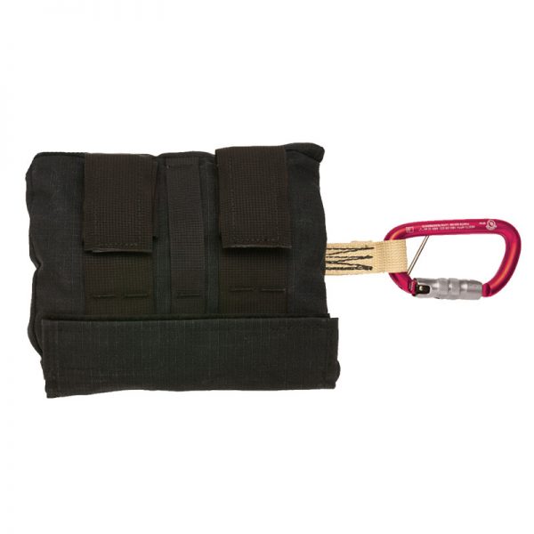 A black pouch with a pink carabiner attached to it.