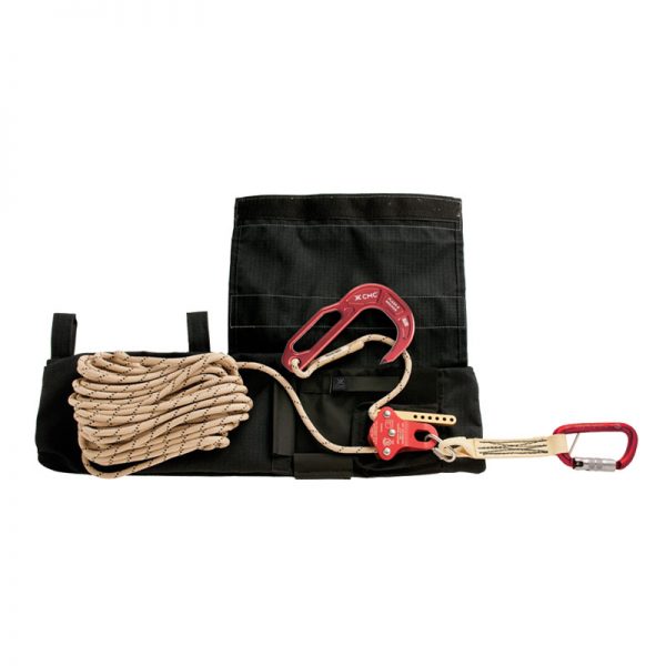 A black bag with a rope, carabiner and carabiner.