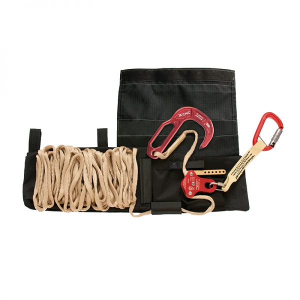 A black bag with a rope and a carabiner.
