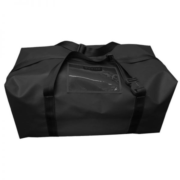 A black duffel bag on a white background.