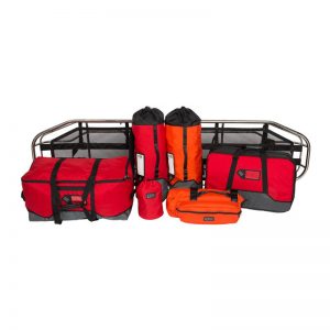 A red, orange, and gray set of SYSTEM bags.