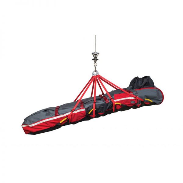 A red and black SYSTEM bag hanging from a rope.