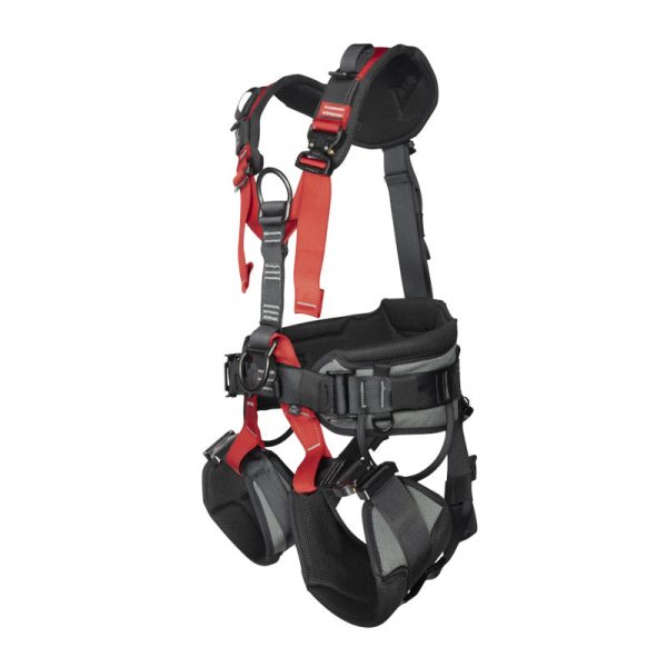A black and red CEARLEY RESCUE harness with STRAPS on it.
