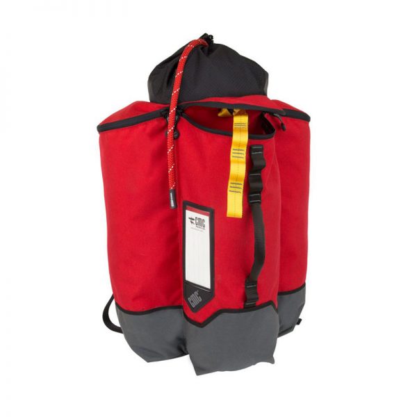 A red and gray SYSTEM backpack with a strap.