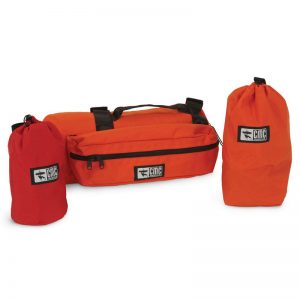 A set of three orange CMC bags with a black bag.