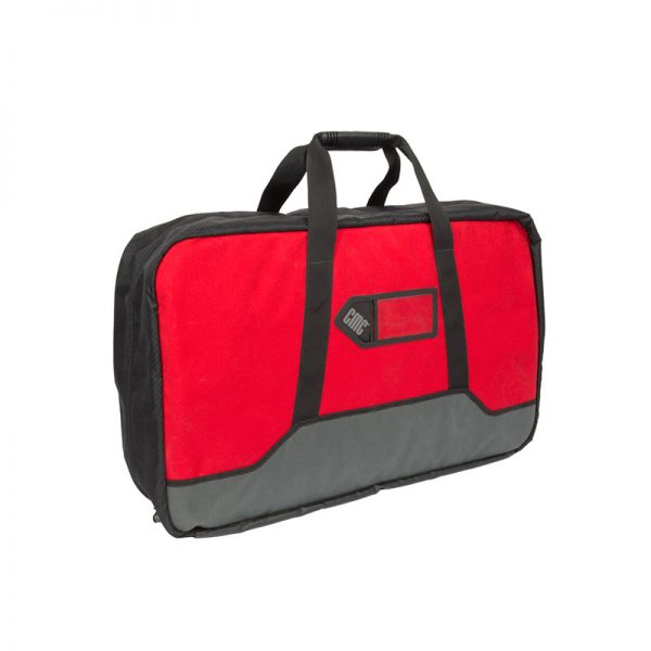 A red and black LEVR bag on a white background.