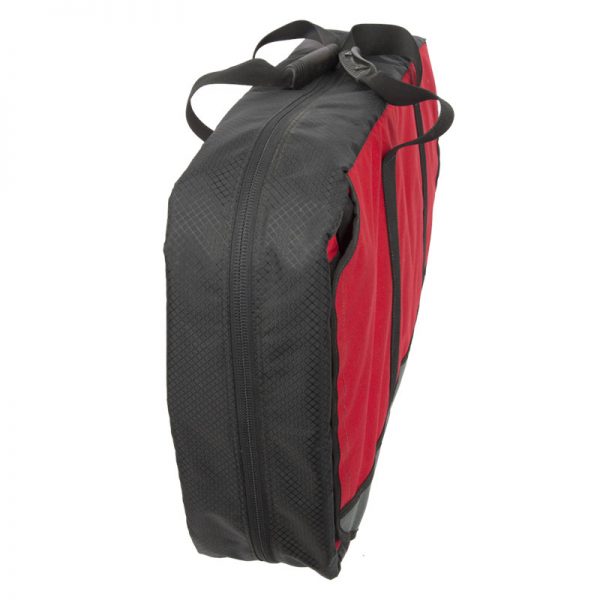 A red and black SYSTEM bag on a white background.