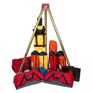 A group of bags and equipment on top of a KIT, CONFINED SPACE ENTRY.