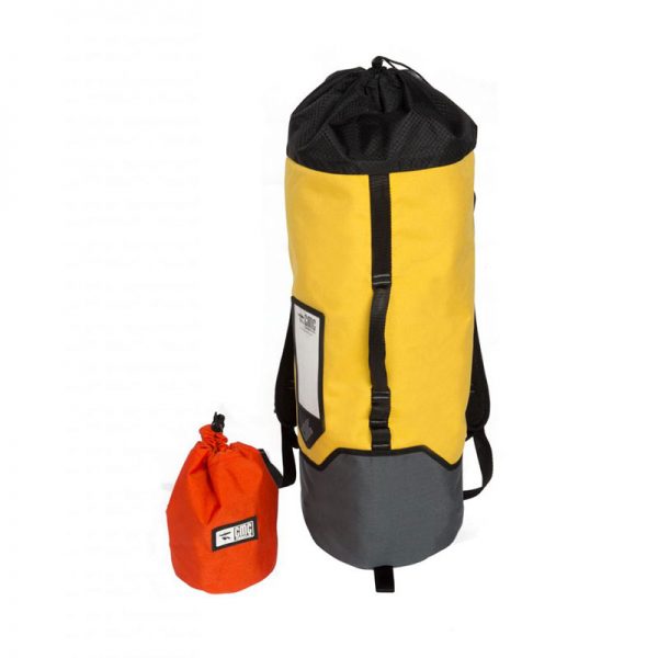 A yellow and orange KIT, CONFINED SPACE ENTRY bag next to a bag.