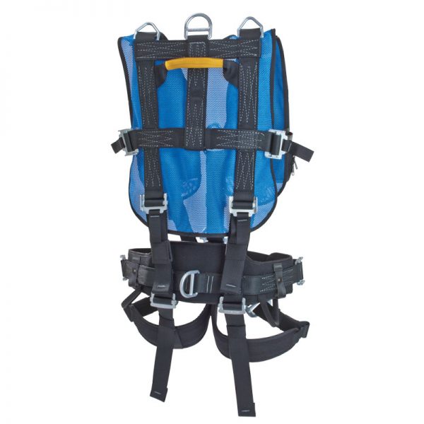 A blue and black STRAP, CEARLEY RESCUE, CMC safety harness on a white background.