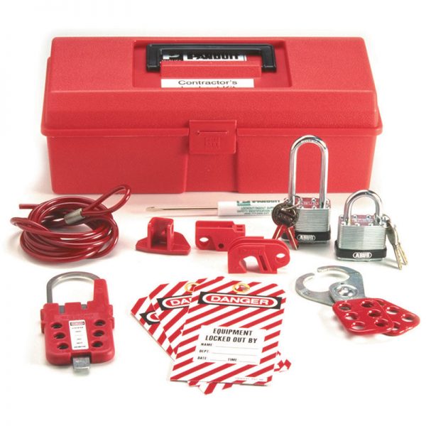 A red KIT, CONFINED SPACE ENTRY with a padlock and other items.