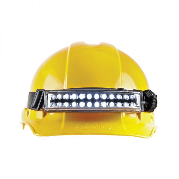 A yellow hard hat with a led light on it.