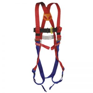 A red and blue 366 FALL SAFE HARNESS on a white background.