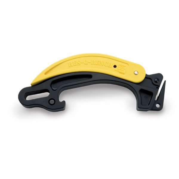 A yellow and black SYSTEM knife on a white background.
