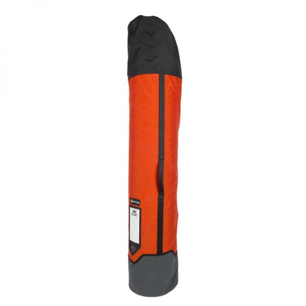 An orange and black ski bag on a white background.