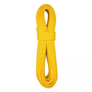 A 3/8 x 300' Solid Yellow Sure-Grip PolyPro climbing rope on a white background.