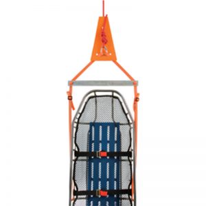 A blue and orange stretcher hanging from a white background.