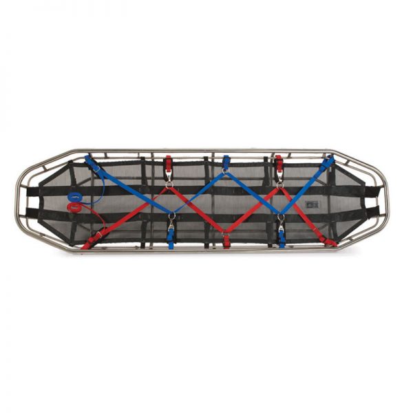 A metal stretcher with blue and red HELO TAGLINE SET, 100', CMC straps.