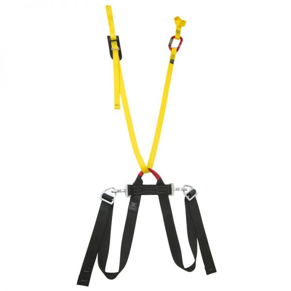 A safety harness with a HELO TAGLINE SET, 100', CMC yellow and black strap.