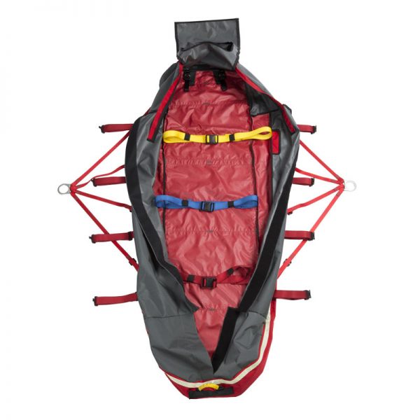 A red, yellow, and blue HELO TAGLINE SET, 100', CMC stretcher bag on a white background.