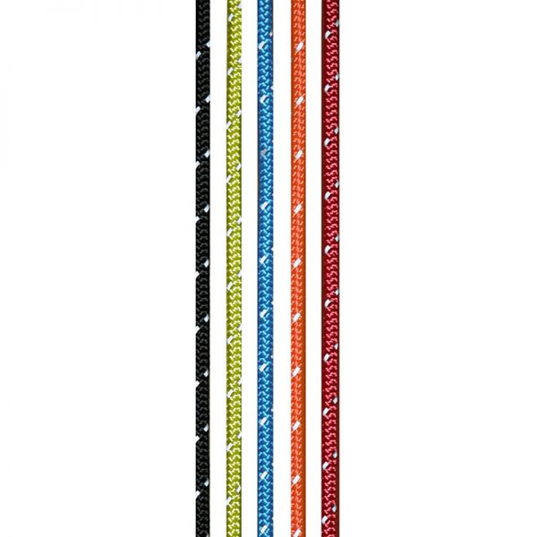 A row of 2mm x 100' different colored ropes on a white background.