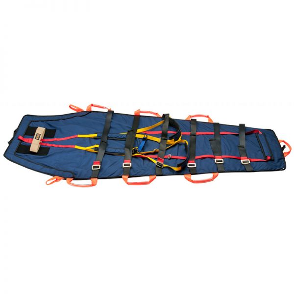 A LITTER stretcher with orange and blue straps.