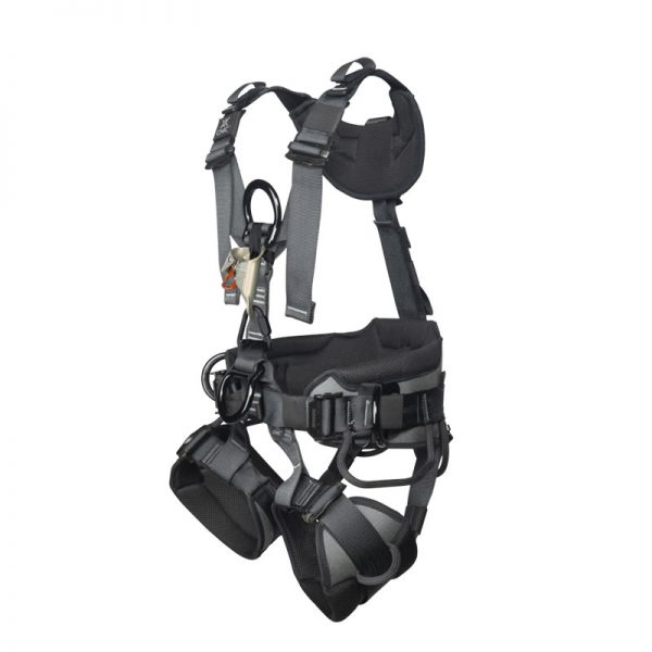 A black harness with two STRAP, CEARLEY RESCUE, CMC on it.