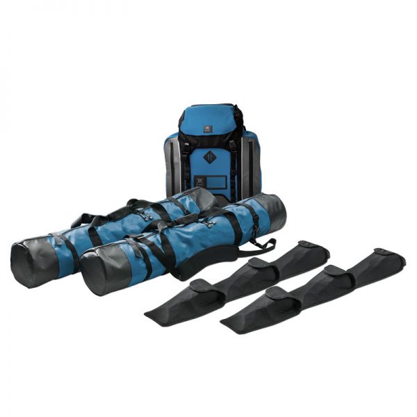 A set of blue and black bags with a LITTER, STA/STL SPLIT-APRT TAPR CMC backpack.