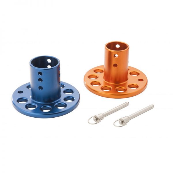 A pair of blue and orange nut and bolts on a white background.