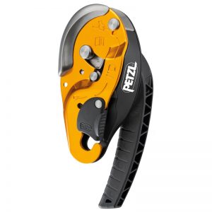 A yellow and black DESCENDER, ID SM (10-11.5MM), PETZL on a white background.