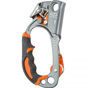 A climbing ASCENDER carabiner with an orange handle.