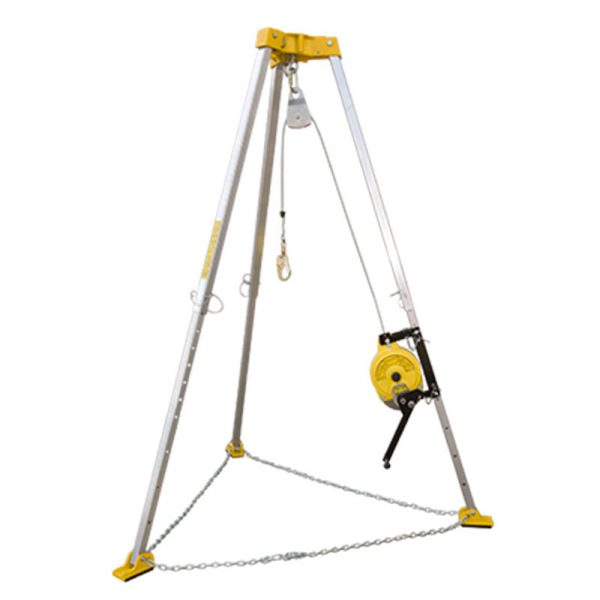 A yellow tripod stand with a chain attached to it.