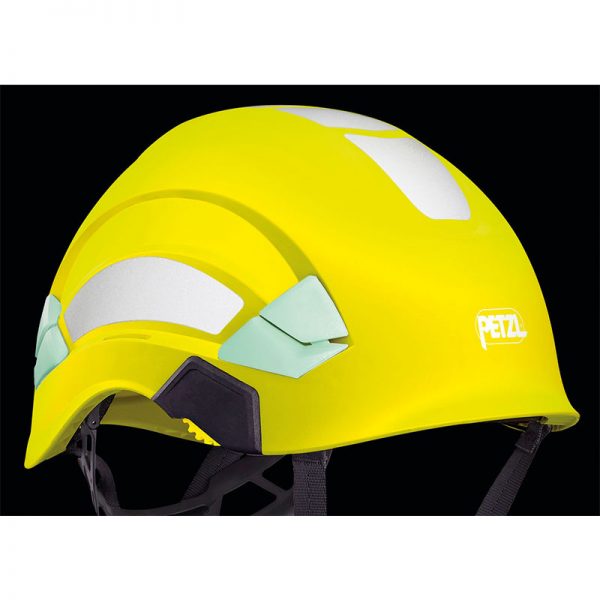A yellow safety helmet with Reflective stickers for VERTEX® on a black background.