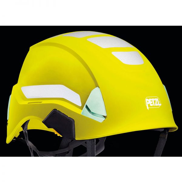 A yellow safety helmet with Reflective stickers for STRATO® on a black background.