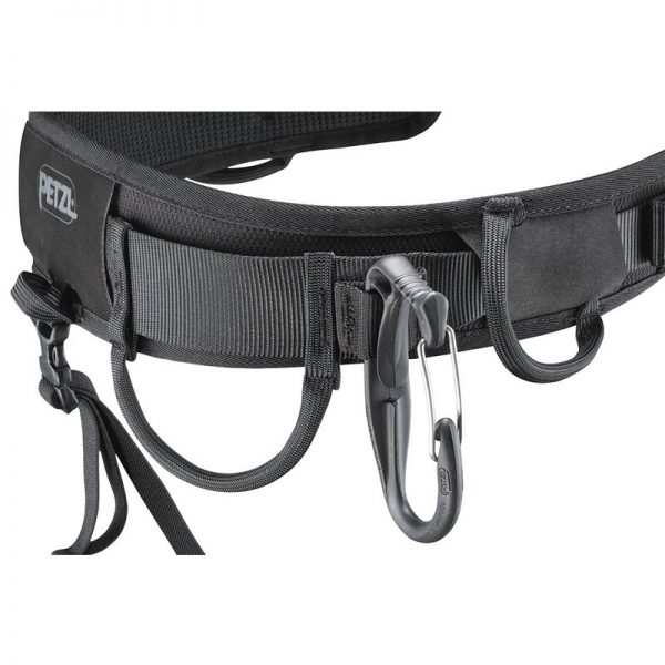 A black ASPIC belt with a carabiner attached to it.