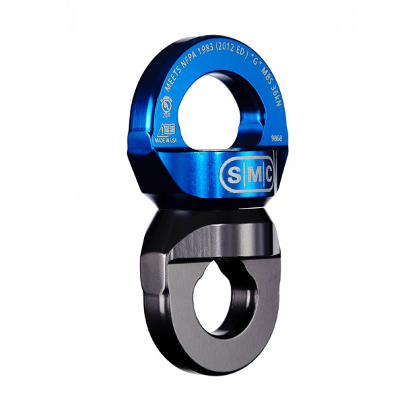 A blue sling shackle with a black handle.