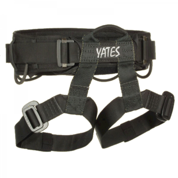 A black 208 TACTICAL SHIELD CLIMBING HARNESS with the word yates on it.