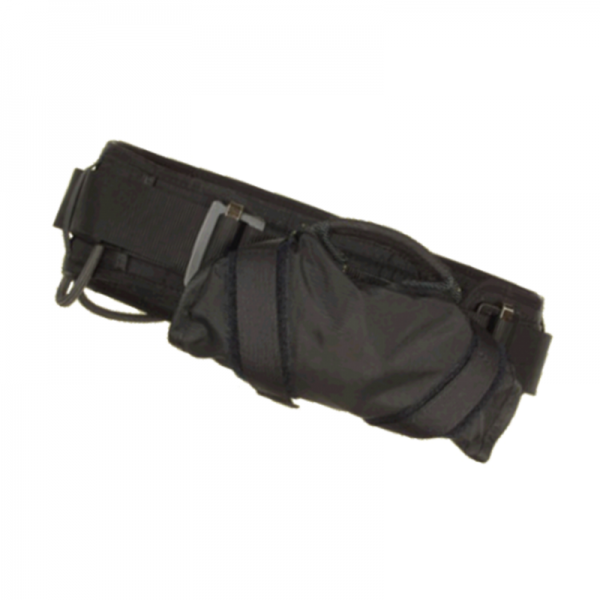 A black 208 TACTICAL SHIELD CLIMBING HARNESS with a small bag attached to it.