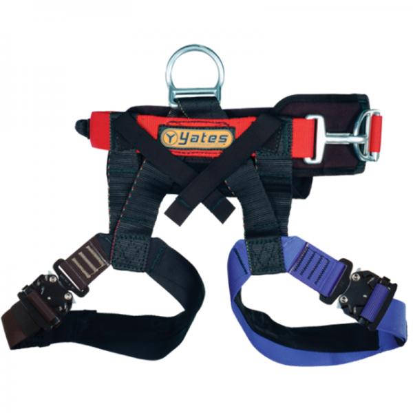 A 208 Tactical Shield climbing harness with a blue and black strap.