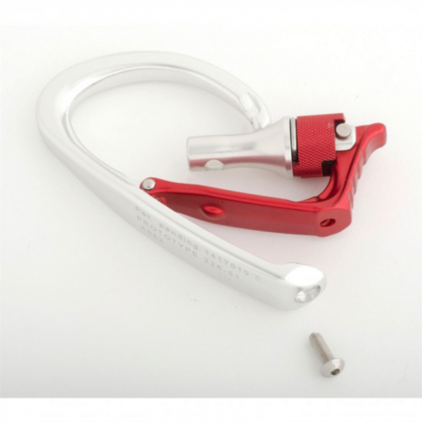 A red and silver DMMVT DMM VAULT TOOL HOLDER handlebar clamp with a screw.