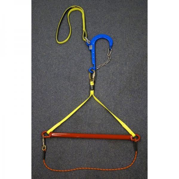 A red and blue GROUNDING BAR SHORT HAUL SYSTEM with a hook attached to it.
