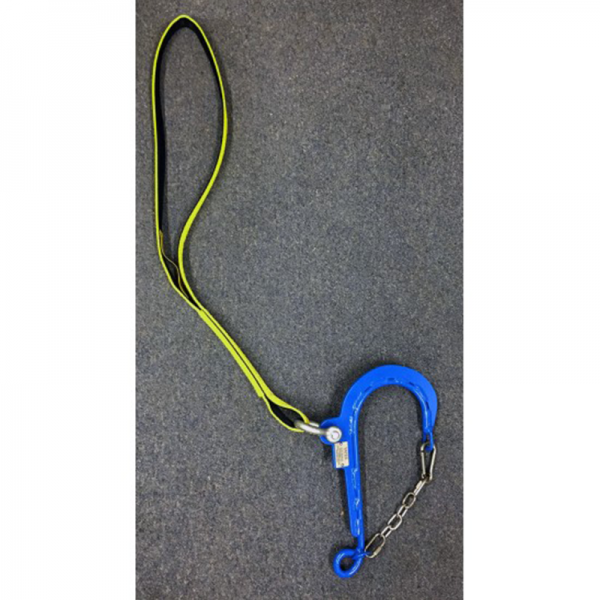 A blue and yellow GROUNDING BAR SHORT HAUL SYSTEM with a hook attached to it.