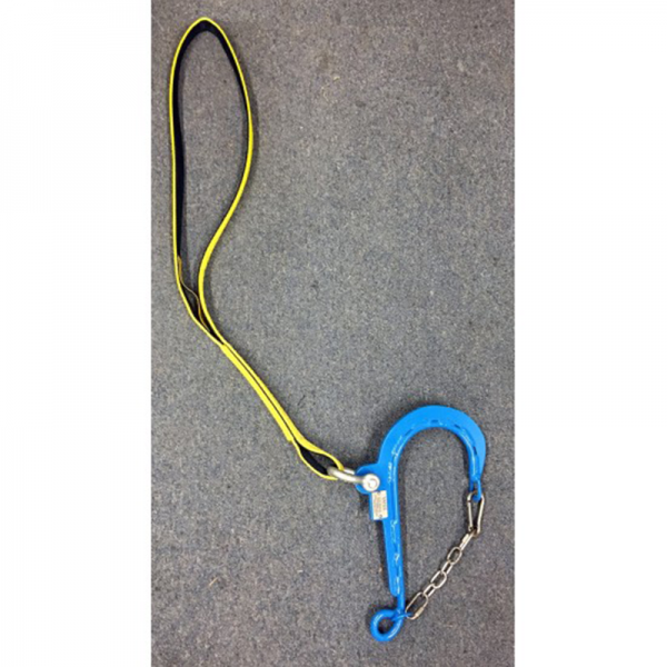 A blue and yellow HELI SHORT HAUL MARIJUANA COBINER STRAP with a hook attached to it.