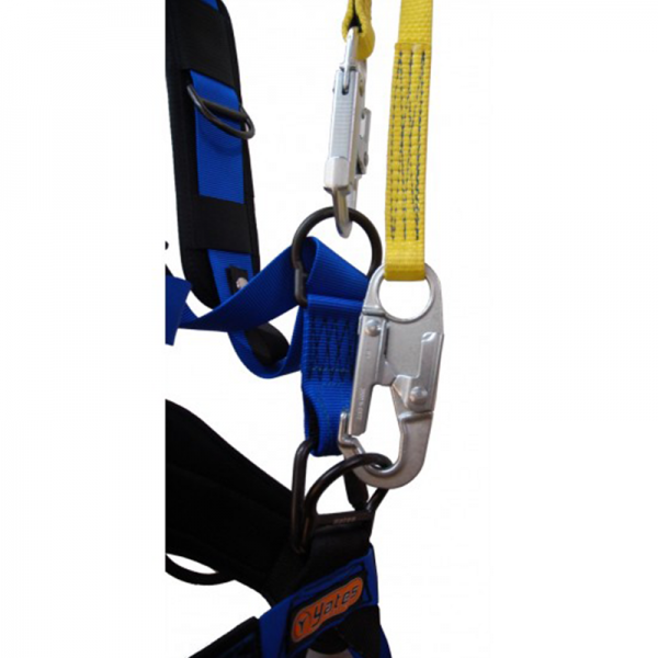 A blue and black HELI SHORT HAUL MARIJUANA COBINER STRAP with a carabiner attached to it.