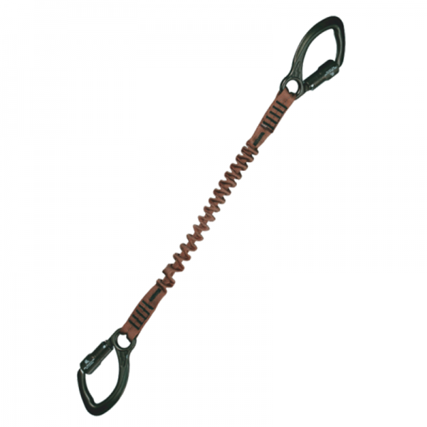 A brown and black 567 SF PERSONAL RETENTION LANYARD W/ ALUMINUM YATES CAPTIVE EYE CARABINER on a white background.
