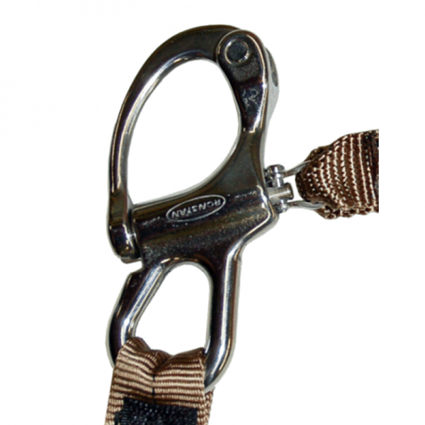 A brown and black 567 SF PERSONAL RETENTION LANYARD W/ ALUMINUM YATES CAPTIVE EYE CARABINERS with a hook on it.